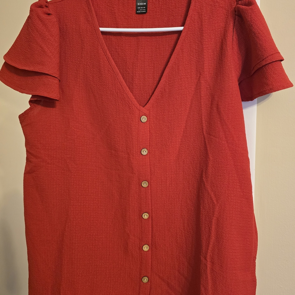 SHEIN Red V-Neck Button-Down Blouse